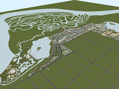 Detailed Regional Planning 3D Model With Water Bodies Green Spaces And Urban Layout 3d model