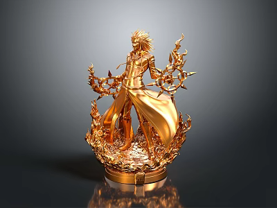 Golden Woman Sculpture With Intricate Flame Like Decorations And Shiny Base 3d model