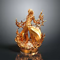 Golden Woman Sculpture With Intricate Flame Like Decorations And Shiny Base