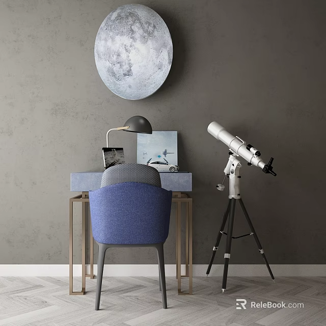 Gray Wall Desk With Moon Decor Table Lamp Tablet Book Blue Chair And Telescope 3d model 