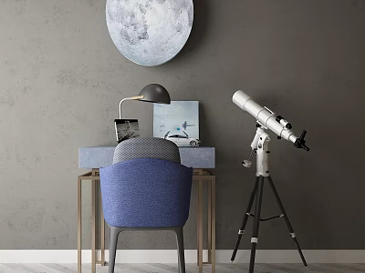 Gray Wall Desk With Moon Decor Table Lamp Tablet Book Blue Chair And Telescope 3d model