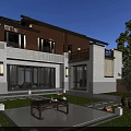 Modern Detached Villa Exterior With Large Glass Doors Courtyard Lawn Stone Path And Wooden Bench