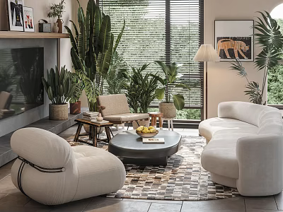 Modern Living Room With Curved Sofas And Plants 3d model