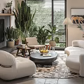 Modern Living Room With Curved Sofas And Plants 3d model