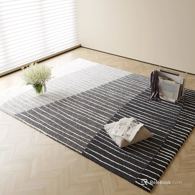 Square Gray White Striped Rug On Wooden Floor With Blinds Flower Bouquet Cushion And Basket 3d model 
