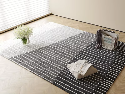Square Gray White Striped Rug On Wooden Floor With Blinds Flower Bouquet Cushion And Basket 3d model