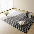 Square Gray White Striped Rug On Wooden Floor With Blinds Flower Bouquet Cushion And Basket