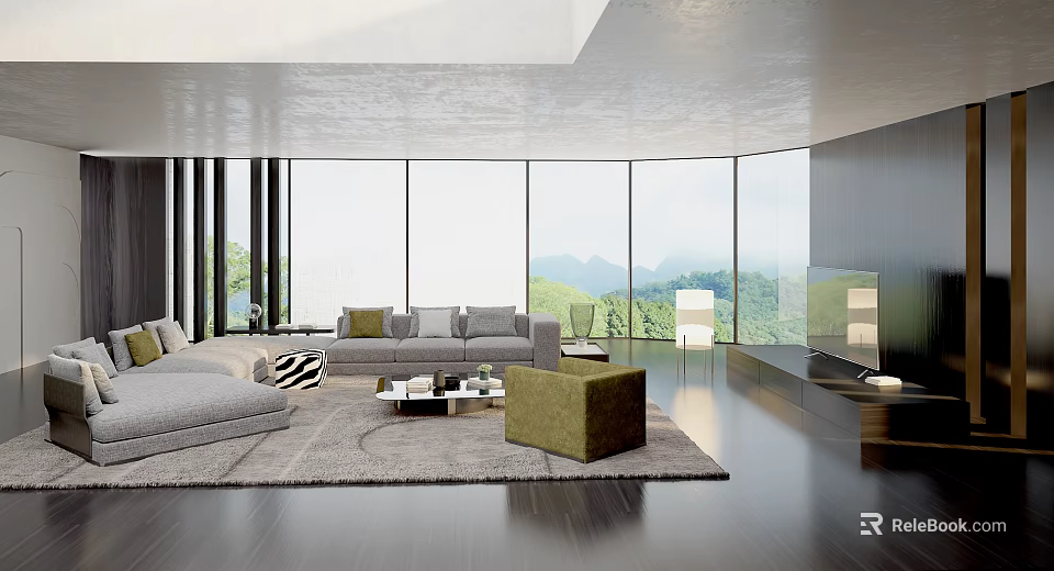 Modern Living Room Interior Design With Large Windows Mountain View Gray Sofa Green Accent Chair 3d model 