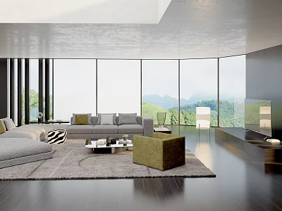 Modern Living Room Interior Design With Large Windows Mountain View Gray Sofa Green Accent Chair 3d model