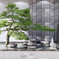 Zen Garden Ornament Featuring a Pine Tree Textured Stone Wall Stacked Stones and Water Feature