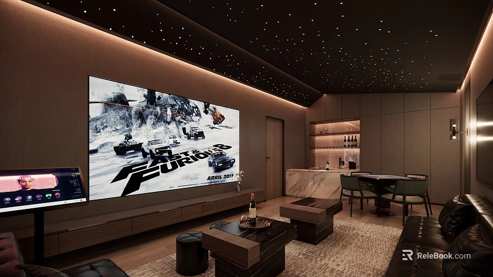Modern Home Theater Interior Design With Starry Ceiling Large Screen And Bar Counter 3d model 