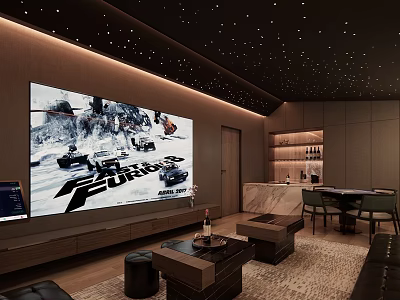Modern Home Theater Interior Design With Starry Ceiling Large Screen And Bar Counter 3d model