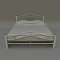 Double Bed With Curved Iron Frame And Purple Green Pattern Bedspread White Pillows