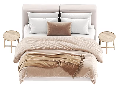 Modern Double Bed with Upholstered Headboard White Brown Pillows Round Side Tables and Neutral Tones 3d model