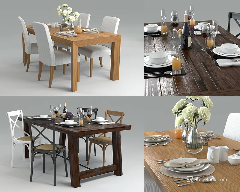 Modern Wooden Dining Table Set With White And Brown Chairs Tableware And Flower Vase 3d model 