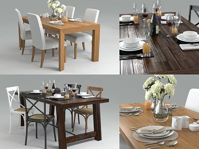 Modern Wooden Dining Table Set With White And Brown Chairs Tableware And Flower Vase 3d model