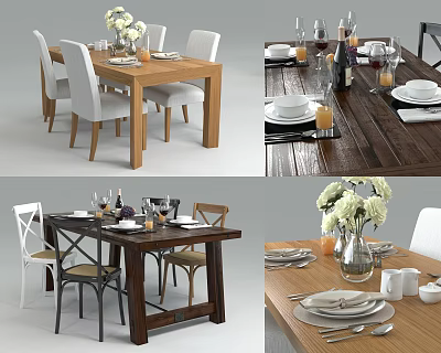 Modern Wooden Dining Table Set With White And Brown Chairs Tableware And Flower Vase 3d model