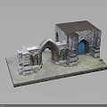 Medieval Stone Architecture Miniature Featuring Arched Entrance Blue Door and Weathered Details