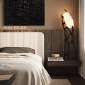 Modern Bedroom Interior with Bed Bedside Tables Lamps Chandelier and Curtains