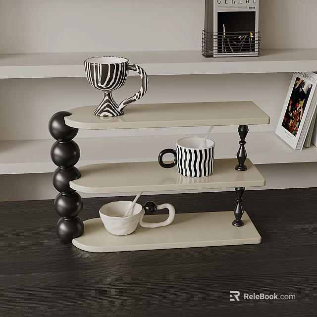 Decorative Ornament Combination Three Tiered Stand Black Spherical Legs Light Shelves Striped Cups White Decor 3d model 