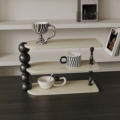 Decorative Ornament Combination Three Tiered Stand Black Spherical Legs Light Shelves Striped Cups White Decor 3d model
