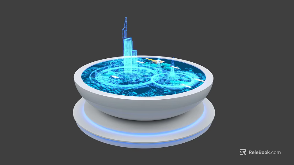 Round Display Island with Blue Holographic Projection Featuring Skyscrapers Airplane Models and Glowing Base 3d model 