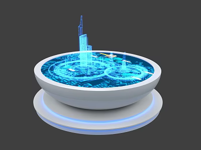 Round Display Island with Blue Holographic Projection Featuring Skyscrapers Airplane Models and Glowing Base 3d model