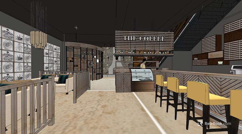 The Coffee Shop Interior With Bar Counter Yellow Bar Stools And Hanging Lights 3d model 