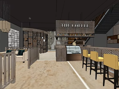 The Coffee Shop Interior With Bar Counter Yellow Bar Stools And Hanging Lights 3d model