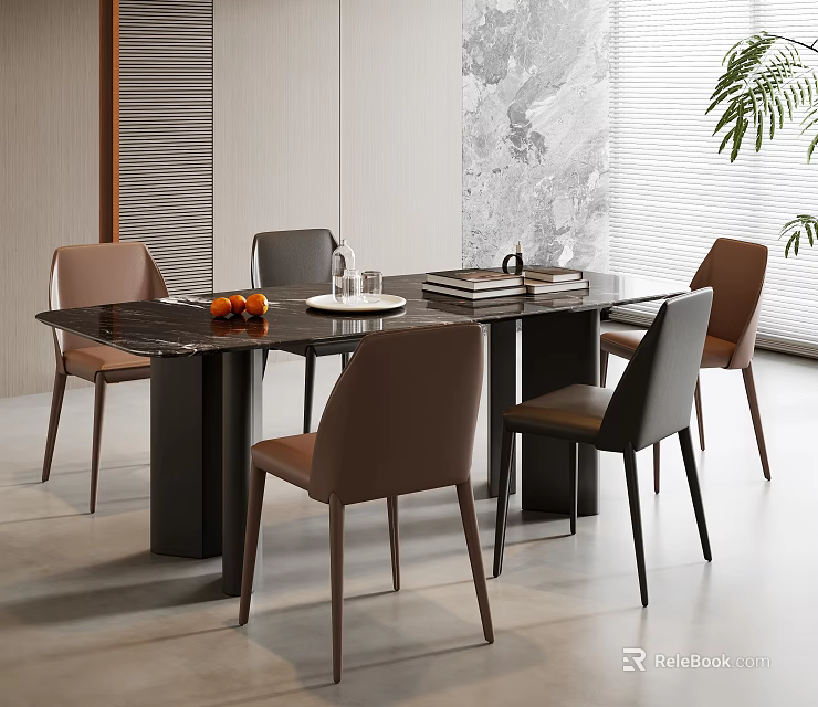 Modern Dining Table Set With Brown Gray Chairs Black Marble Top And Fruits Tableware 3d model 