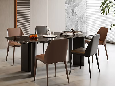Modern Dining Table Set With Brown Gray Chairs Black Marble Top And Fruits Tableware 3d model