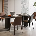 Modern Dining Table Set With Brown Gray Chairs Black Marble Top And Fruits Tableware