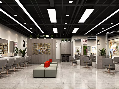 Contemporary Beauty Hair Salon Interior Design With Modern Lighting Comfortable Salon Chairs And Green Plants 3d model