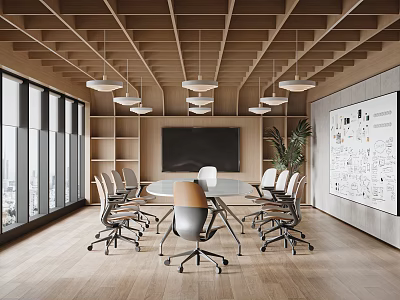 Modern Conference Room With Wooden Ceiling Pendant Lights Round Table Wheeled Chairs And Whiteboard 3d model