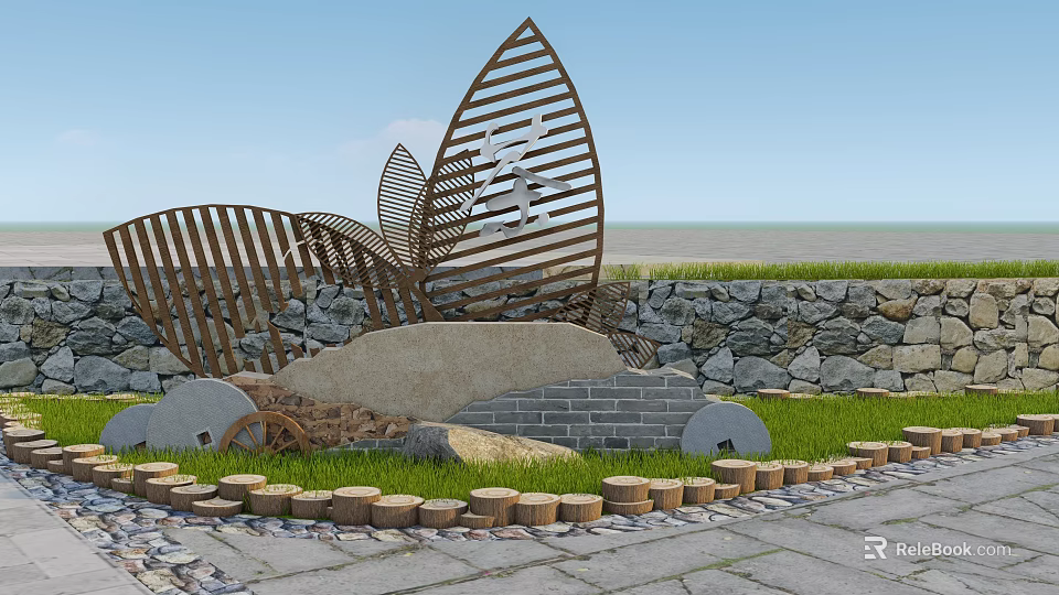 Decorative Feature Wall With Metal Leaf Design Stone Wall Lawn And Seaside View 3d model 