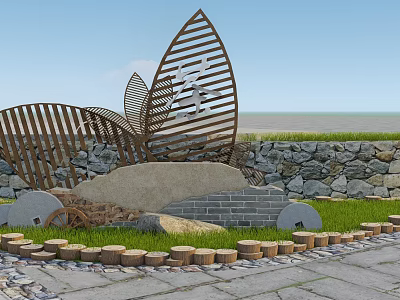 Decorative Feature Wall With Metal Leaf Design Stone Wall Lawn And Seaside View 3d model