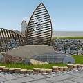 Decorative Feature Wall With Metal Leaf Design Stone Wall Lawn And Seaside View