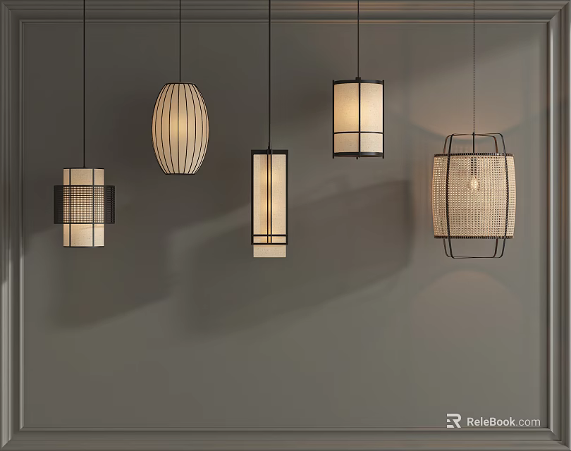 Modern Woven Pendant Lights with Unique Designs Hanging on Grey Interior Wall 3d model 