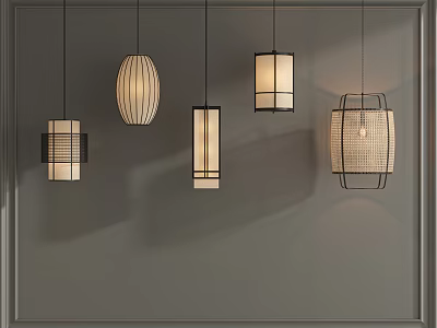 Modern Woven Pendant Lights with Unique Designs Hanging on Grey Interior Wall 3d model