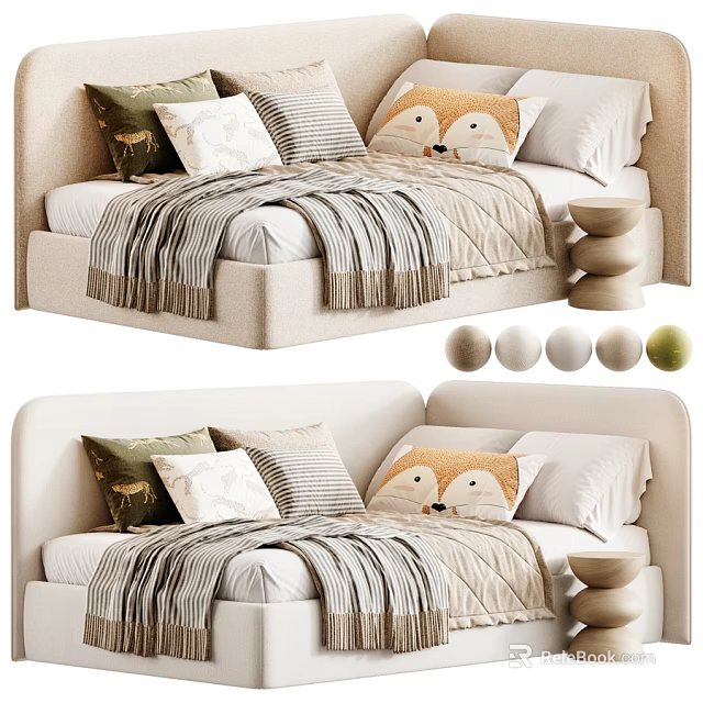 Modern Soft Upholstered Kids Bed With Lovely Fox Pillows And Multiple Fabric Color Choices 3d model 