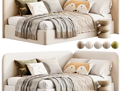 Modern Soft Upholstered Kids Bed With Lovely Fox Pillows And Multiple Fabric Color Choices 3d model