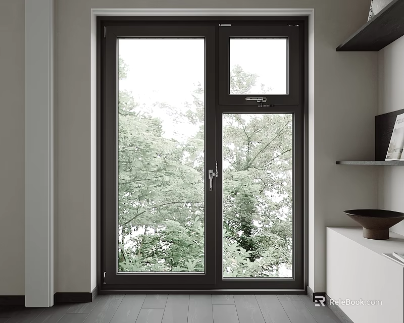 Modern Black Frame Casement Window With Clear Glass And Green Outdoor View 3d model 