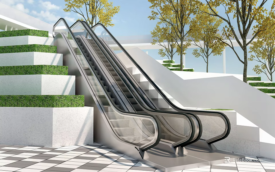 Modern Outdoor Escalator With Green Tiered Landscaping Trees And Checkered Flooring 3d model 