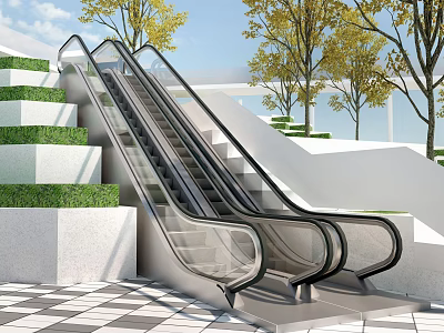 Modern Outdoor Escalator With Green Tiered Landscaping Trees And Checkered Flooring 3d model