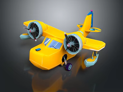 Yellow Passenger Plane Cartoon Style 3D Model With Propellers Floats And Blue Tail Details 3d model