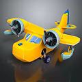 Yellow Passenger Plane Cartoon Style 3D Model With Propellers Floats And Blue Tail Details