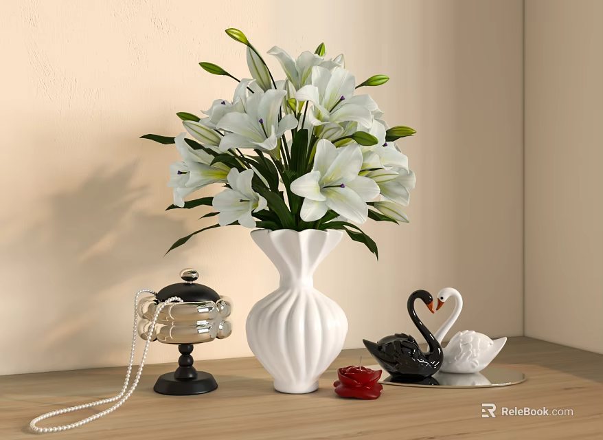 Decorative Ornament Set With White Lilies In Vase Swan Figurines Black Cloche And Wooden Tabletop 3d model 