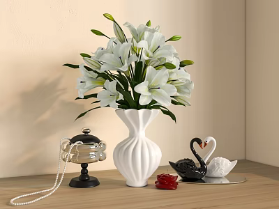 Decorative Ornament Set With White Lilies In Vase Swan Figurines Black Cloche And Wooden Tabletop 3d model