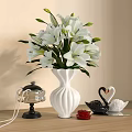 Decorative Ornament Set With White Lilies In Vase Swan Figurines Black Cloche And Wooden Tabletop