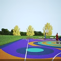 Outdoor Basketball Court With People Playing Basketball On Colorful Surface Surrounded By Trees And Sunlight